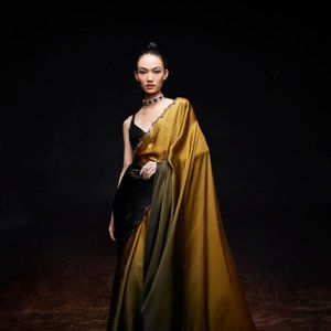 SAWAN GANDHI Satin Mustard To Black Ombre Saree Set